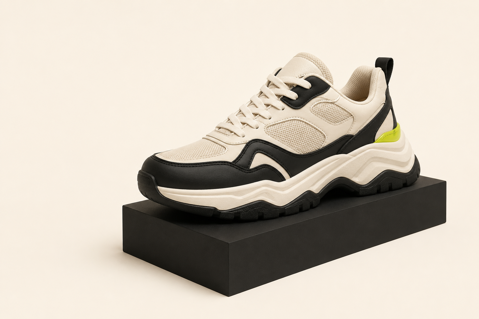 Sneaker màu kem, đen và xanh lime đặt trên bệ đen
